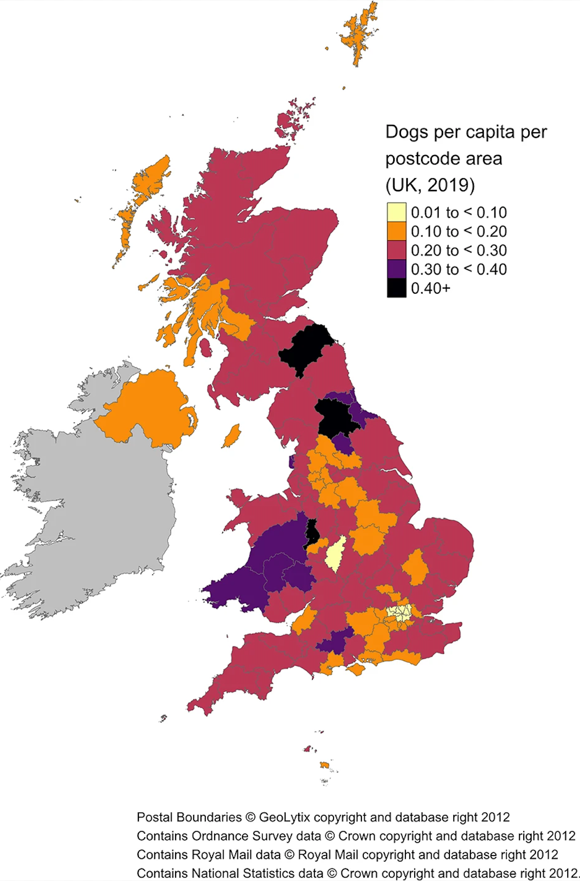 Dogs per capita per uk postcode area